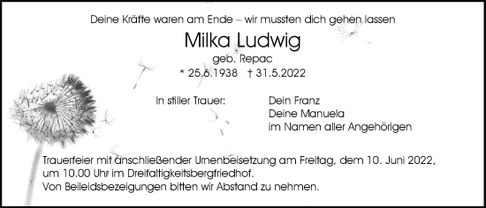 Traueranzeige von Milka Ludwig von Mittelbayerische Zeitung Regensburg