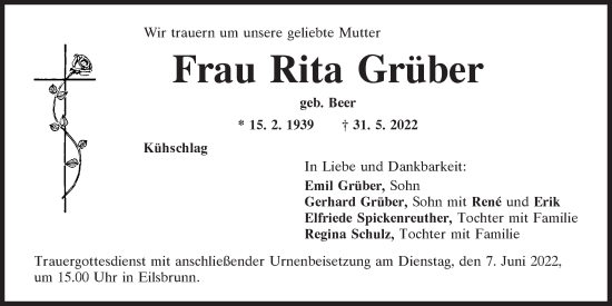 Traueranzeige von Rita Grüber von Mittelbayerische Zeitung Regensburg