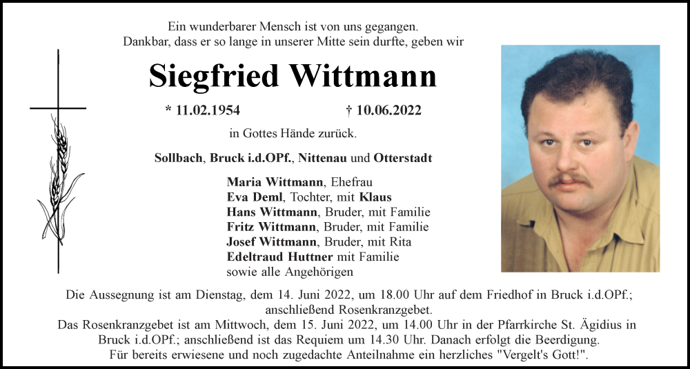  Traueranzeige für Siegfried Wittmann vom 14.06.2022 aus Bayerwald Echo