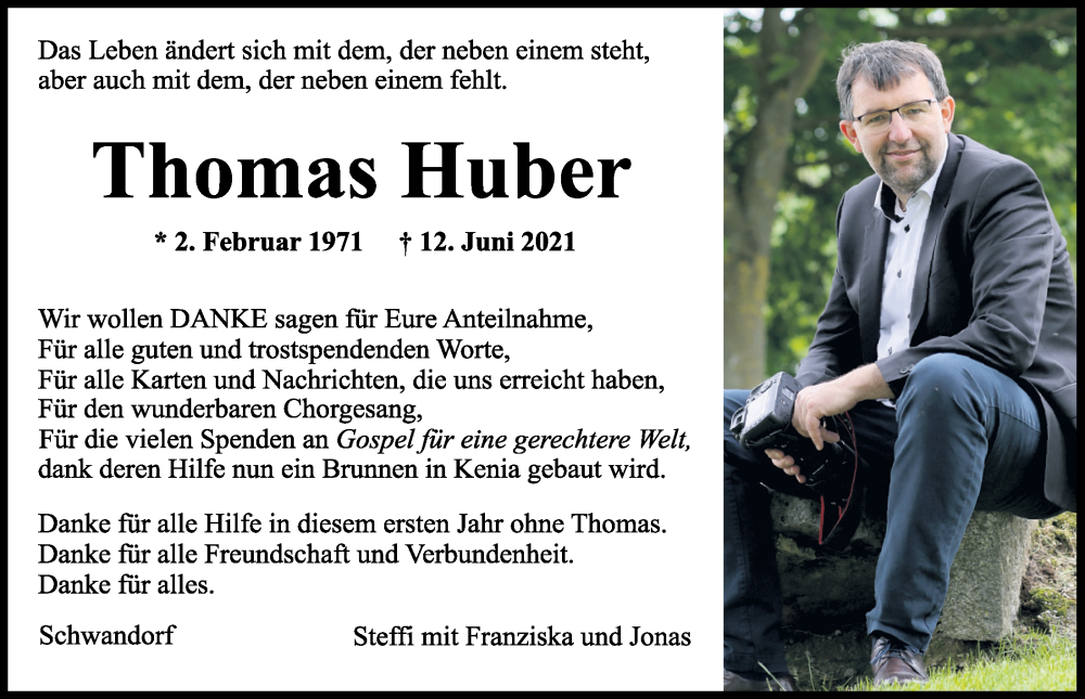  Traueranzeige für Thomas Huber vom 11.06.2022 aus Mittelbayerische Zeitung Schwandorf