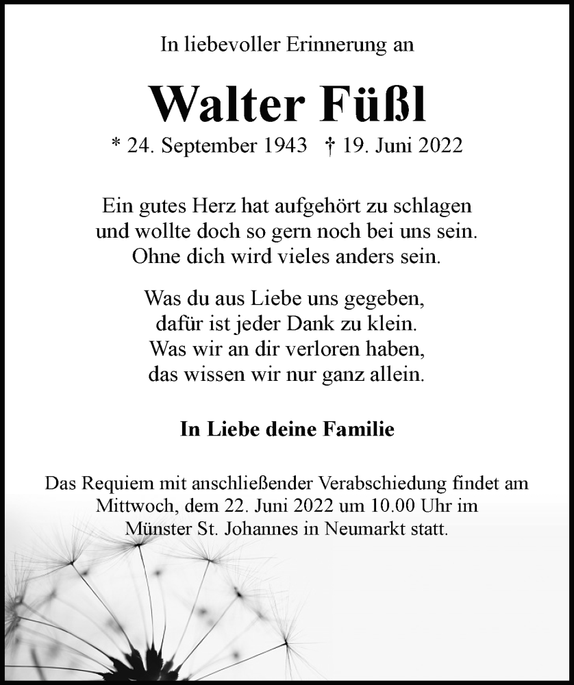  Traueranzeige für Walter Füßl vom 21.06.2022 aus Neumarkter Tagblatt