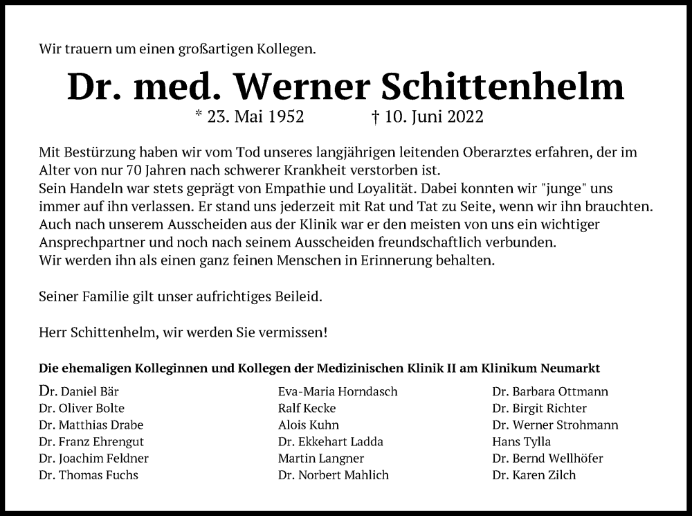  Traueranzeige für Werner Schittenhelm vom 14.06.2022 aus Neumarkter Tagblatt