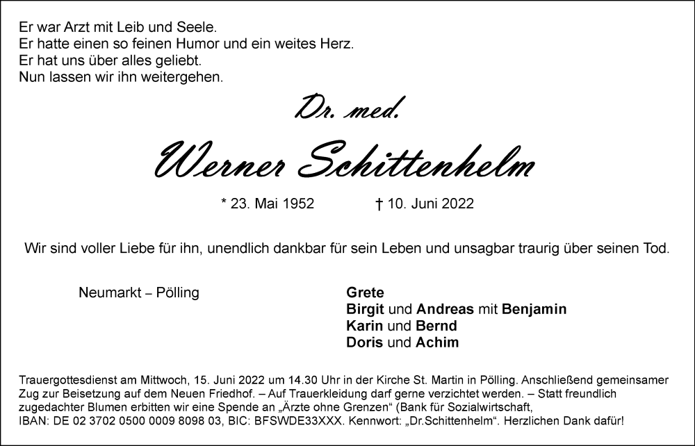  Traueranzeige für Werner Schittenhelm vom 13.06.2022 aus Neumarkter Tagblatt