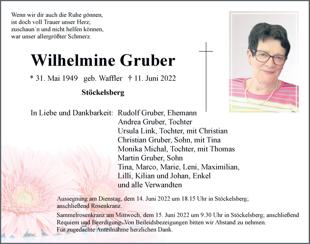  Traueranzeige für Wilhelmine Gruber vom 13.06.2022 aus Neumarkter Tagblatt