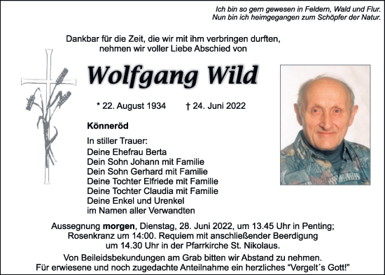 Traueranzeige von Wolfgang Wild von Mittelbayerische Zeitung Schwandorf