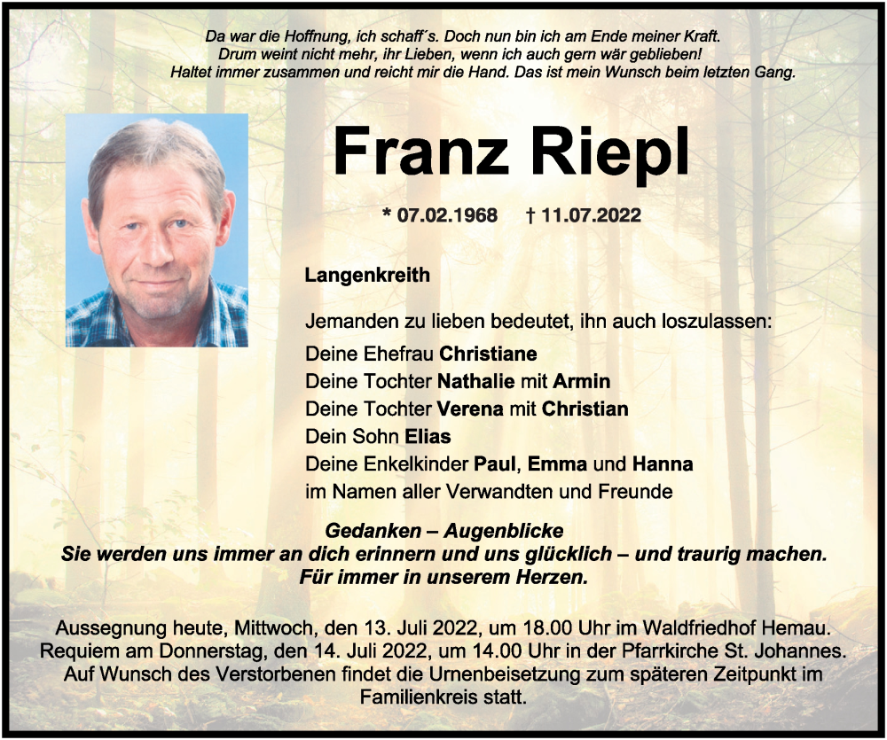  Traueranzeige für Franz Riepl vom 13.07.2022 aus Mittelbayerische Zeitung Regensburg