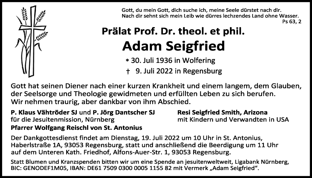  Traueranzeige für Adam Seigfried vom 16.07.2022 aus Mittelbayerische Zeitung Regensburg