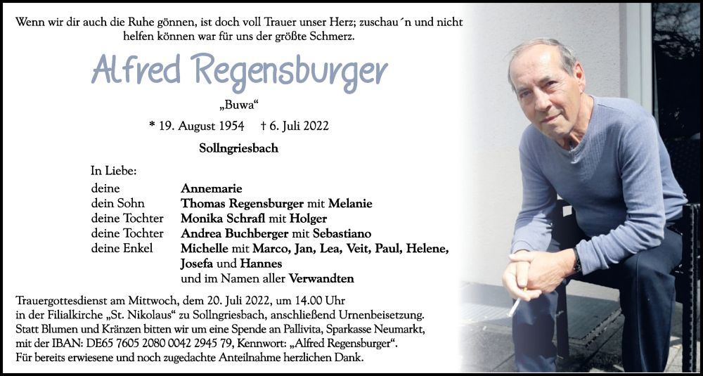  Traueranzeige für Alfred Regensburger vom 16.07.2022 aus Neumarkter Tagblatt