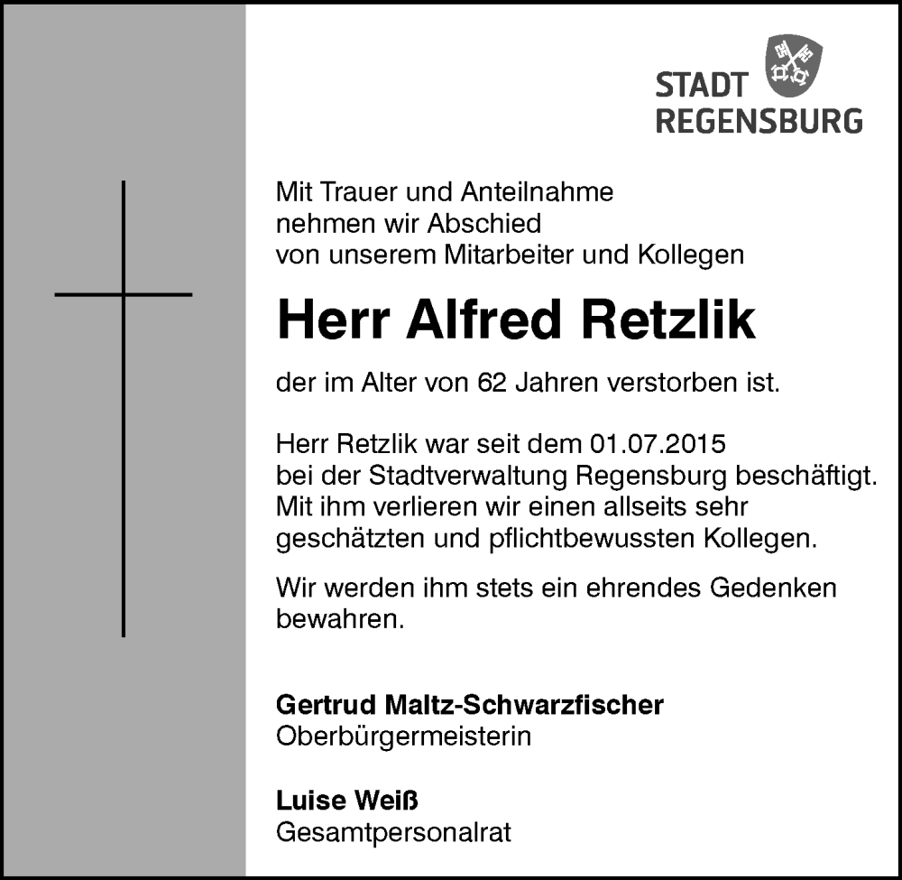  Traueranzeige für Alfred Retzlik vom 30.07.2022 aus Mittelbayerische Zeitung Regensburg