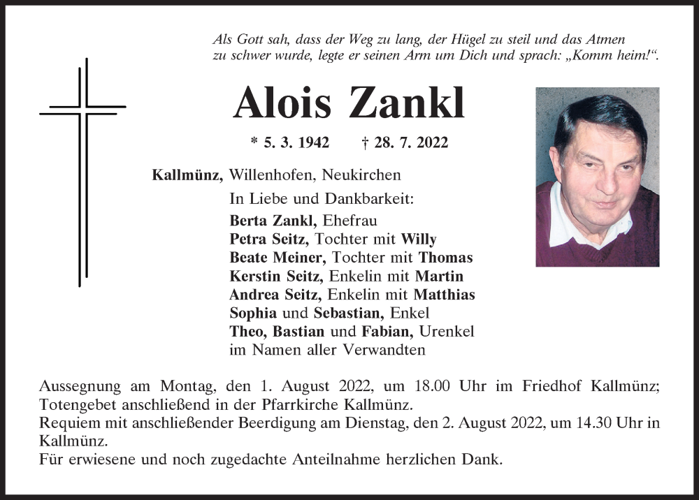  Traueranzeige für Alois Zankl vom 30.07.2022 aus Mittelbayerische Zeitung Regensburg