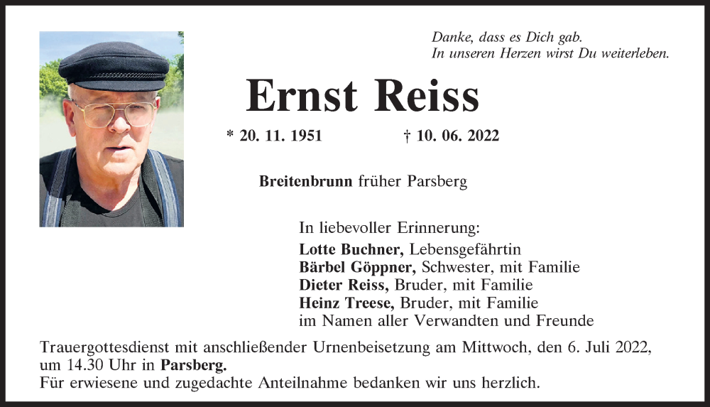 Traueranzeige für Ernst Reiss vom 02.07.2022 aus Neumarkter Tagblatt