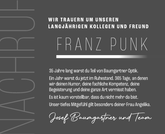 Traueranzeige von Franz Punk von Mittelbayerische Zeitung Regensburg