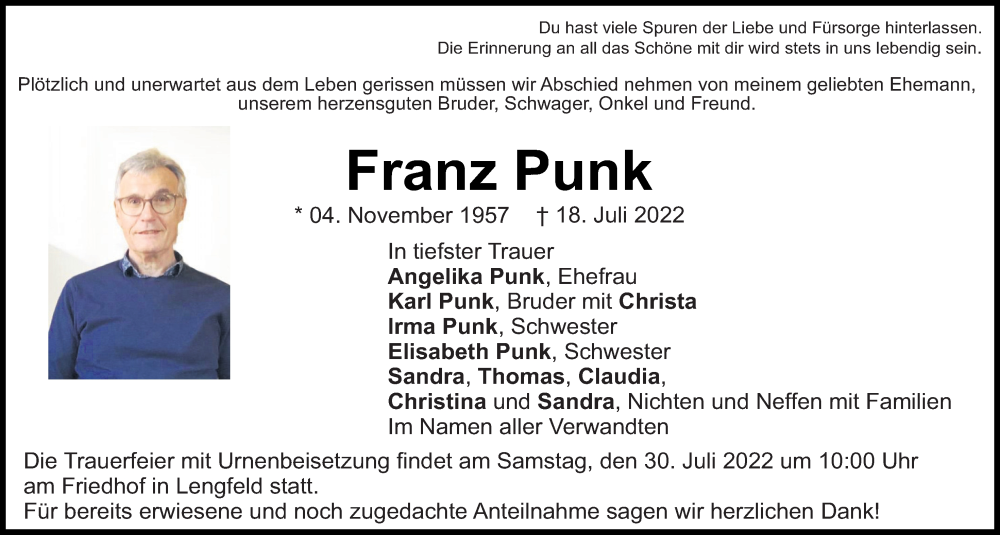  Traueranzeige für Franz Punk vom 27.07.2022 aus Mittelbayerische Zeitung Kelheim