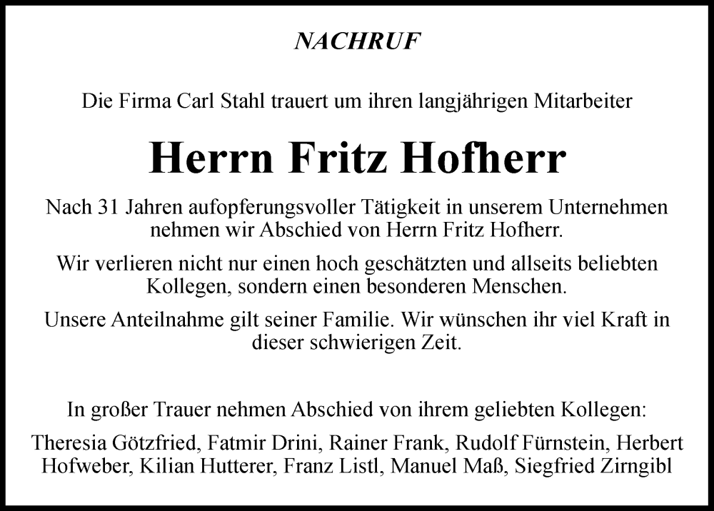  Traueranzeige für Fritz Hofherr vom 08.07.2022 aus Mittelbayerische Zeitung Regensburg