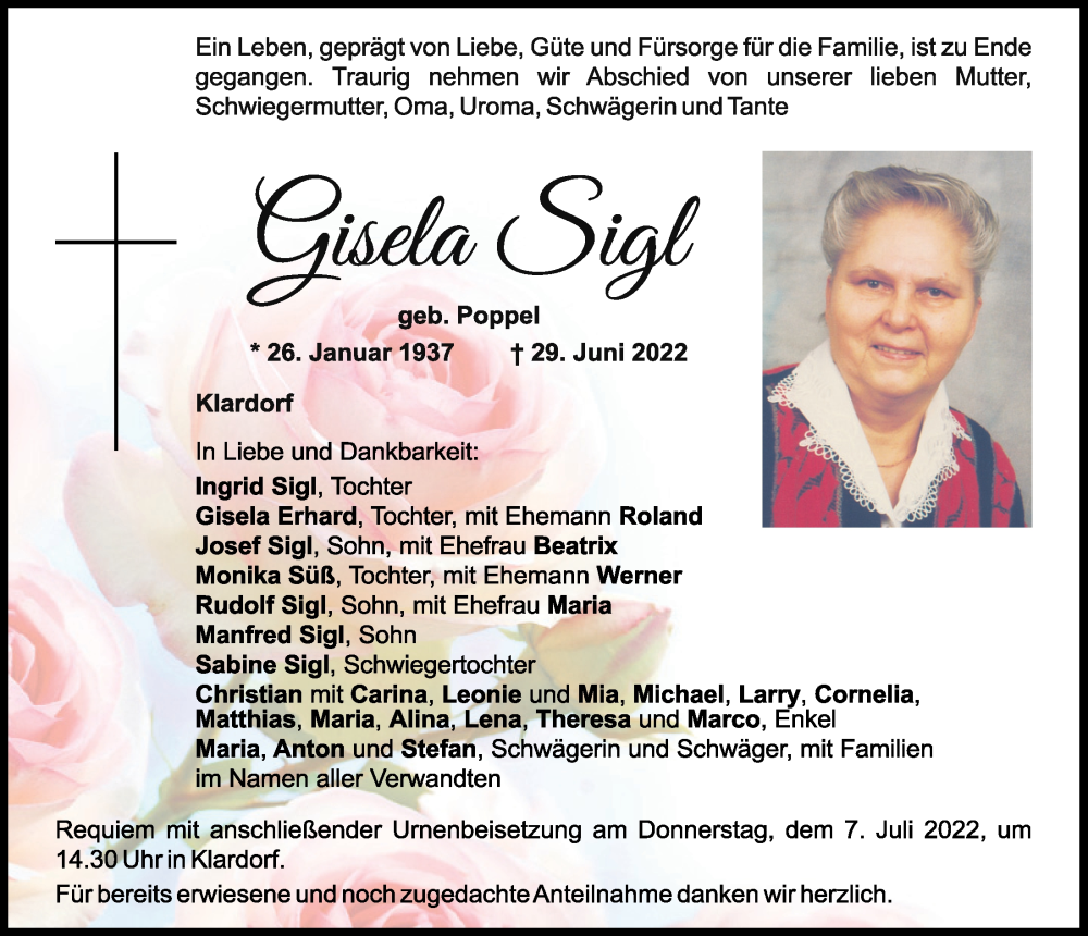  Traueranzeige für Gisela Sigl vom 02.07.2022 aus Mittelbayerische Zeitung Schwandorf