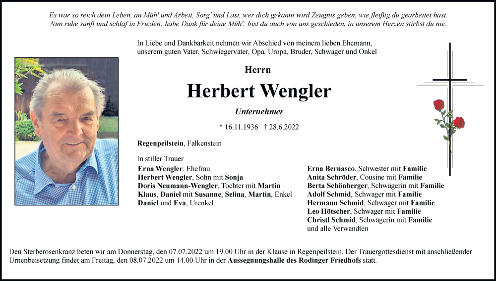  Traueranzeige für Herbert Wengler vom 06.07.2022 aus Mittelbayerische Zeitung Regensburg