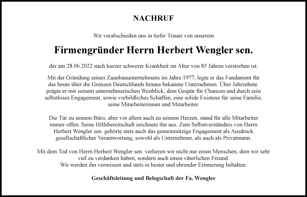  Traueranzeige für Herbert Wengler vom 07.07.2022 aus Bayerwald Echo