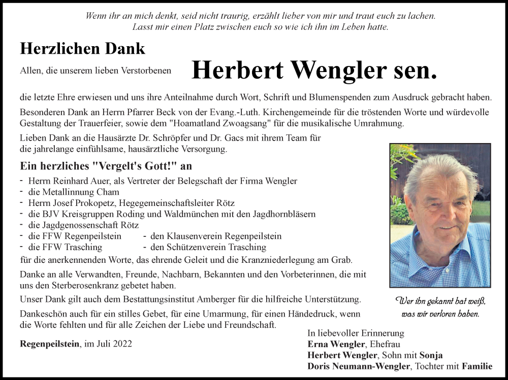  Traueranzeige für Herbert Wengler vom 30.07.2022 aus Bayerwald Echo