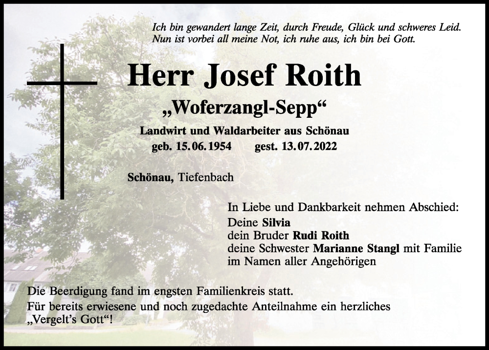  Traueranzeige für Josef Roith vom 18.07.2022 aus Bayerwald Echo
