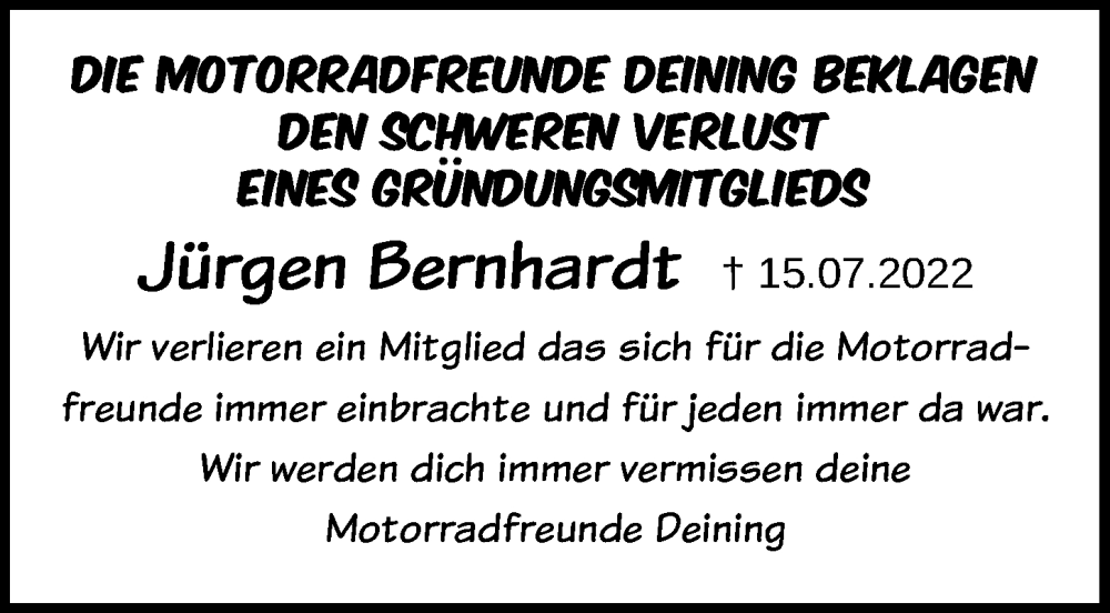  Traueranzeige für Jürgen Bernhardt vom 20.07.2022 aus Neumarkter Tagblatt
