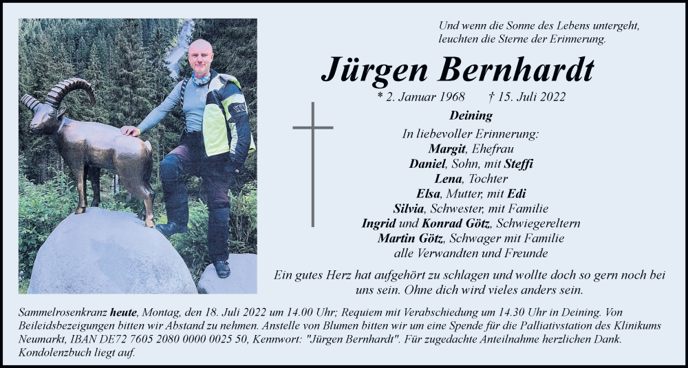  Traueranzeige für Jürgen Bernhardt vom 18.07.2022 aus Neumarkter Tagblatt