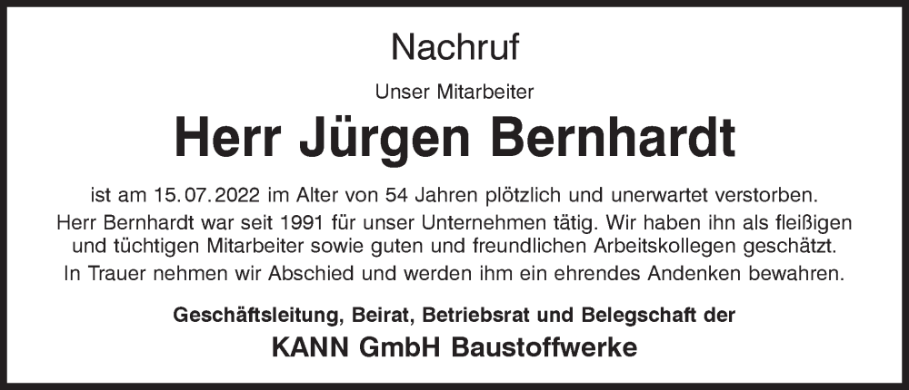  Traueranzeige für Jürgen Bernhardt vom 22.07.2022 aus Neumarkter Tagblatt