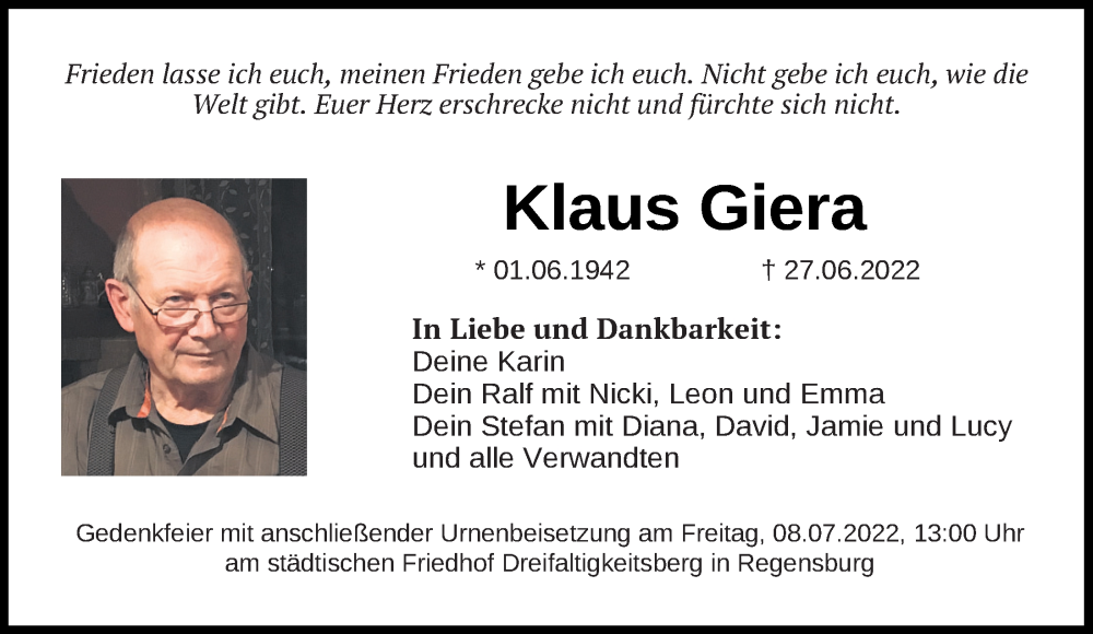  Traueranzeige für Klaus Giera vom 02.07.2022 aus Mittelbayerische Zeitung Regensburg