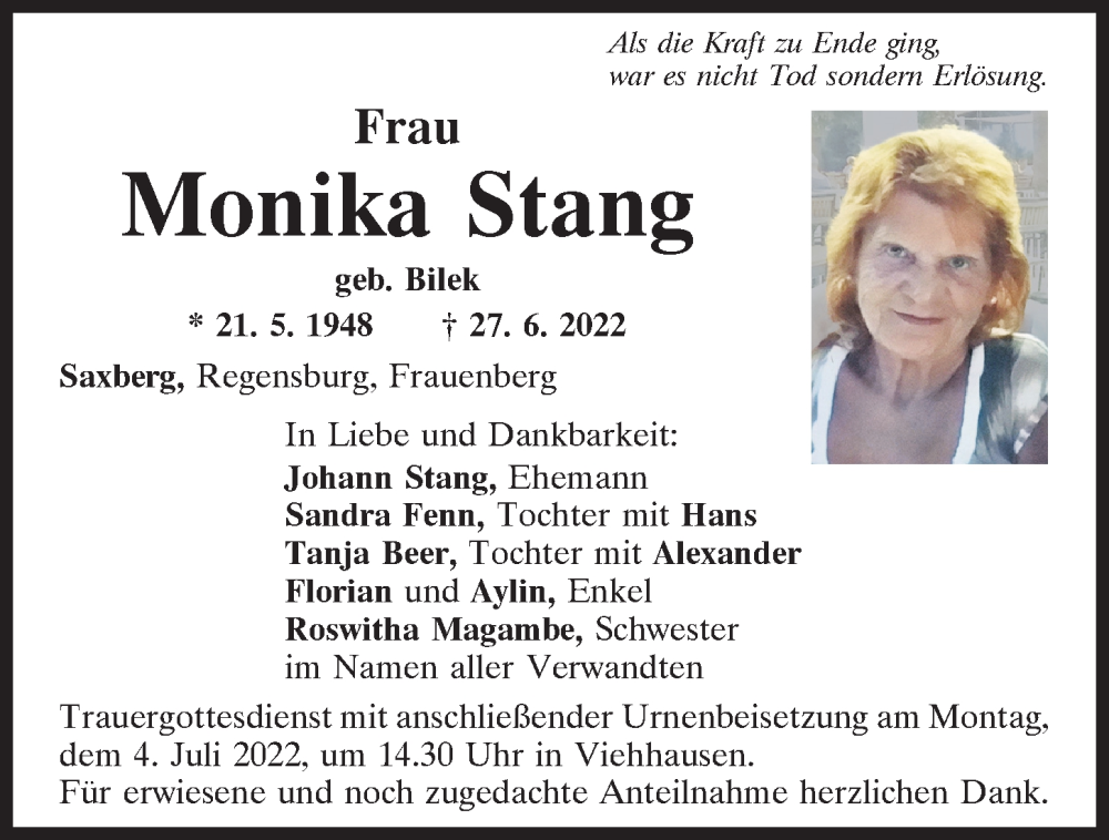  Traueranzeige für Monika Stang vom 02.07.2022 aus Mittelbayerische Zeitung Regensburg