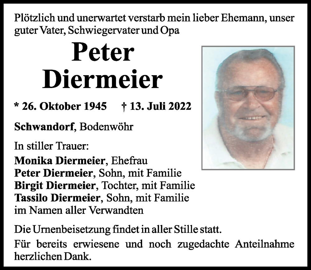 Traueranzeige für Peter Diermeier vom 16.07.2022 aus Mittelbayerische Zeitung Schwandorf