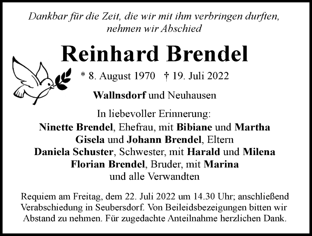 Traueranzeige für Reinhard Brendel vom 21.07.2022 aus Neumarkter Tagblatt
