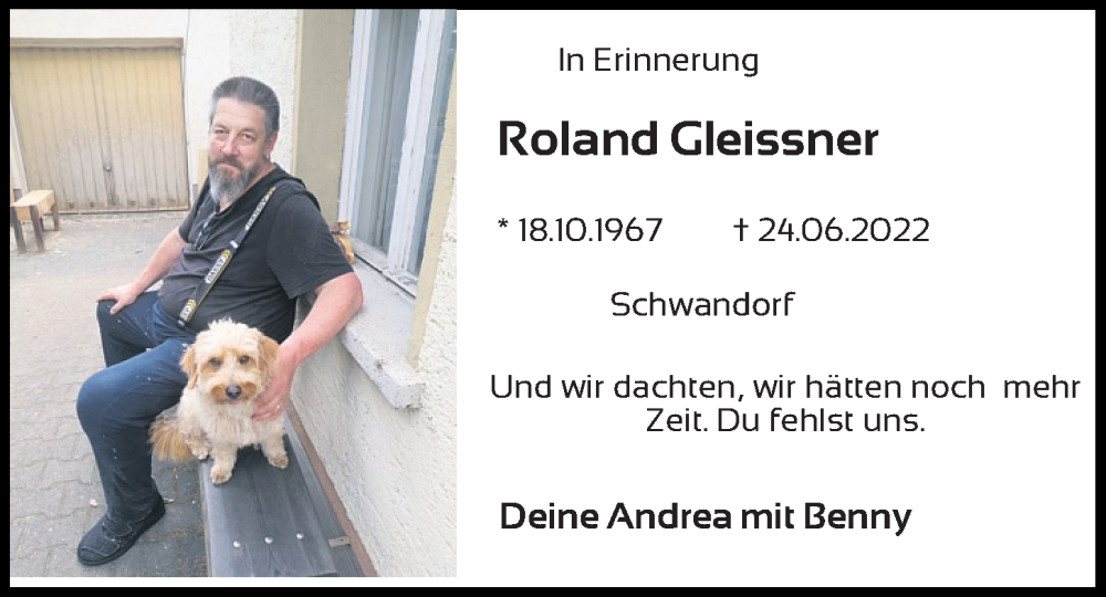  Traueranzeige für Roland Gleissner vom 09.07.2022 aus Mittelbayerische Zeitung Schwandorf