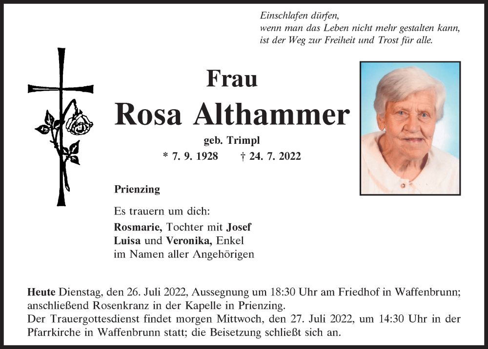 Traueranzeigen von Rosa Althammer | Mittelbayerische Trauer