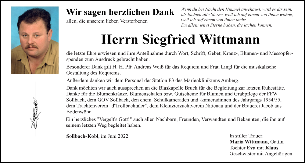  Traueranzeige für Siegfried Wittmann vom 09.07.2022 aus Mittelbayerische Zeitung Schwandorf