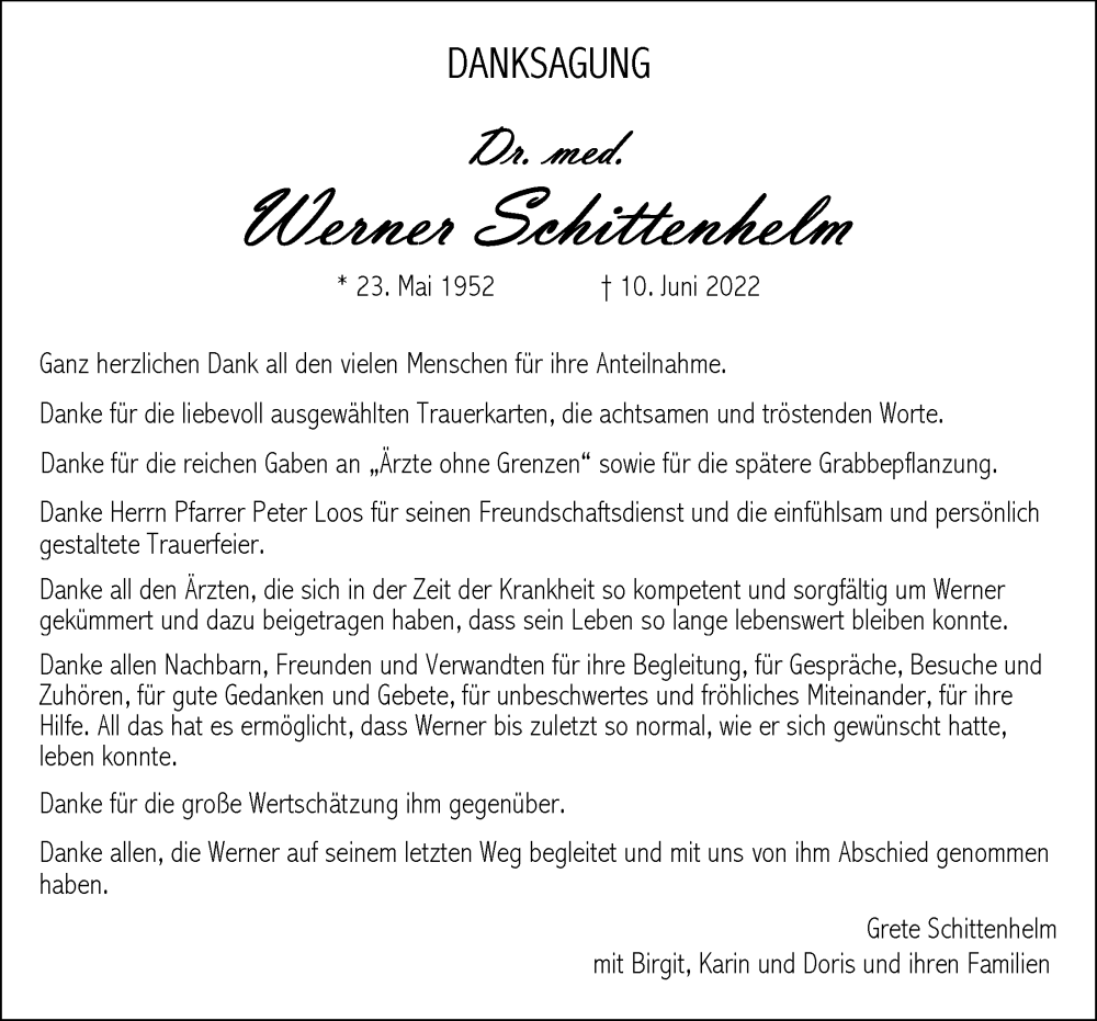  Traueranzeige für Werner Schittenhelm vom 02.07.2022 aus Neumarkter Tagblatt