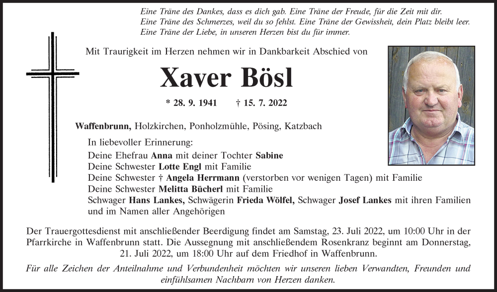  Traueranzeige für Xaver Bösl vom 21.07.2022 aus Bayerwald Echo