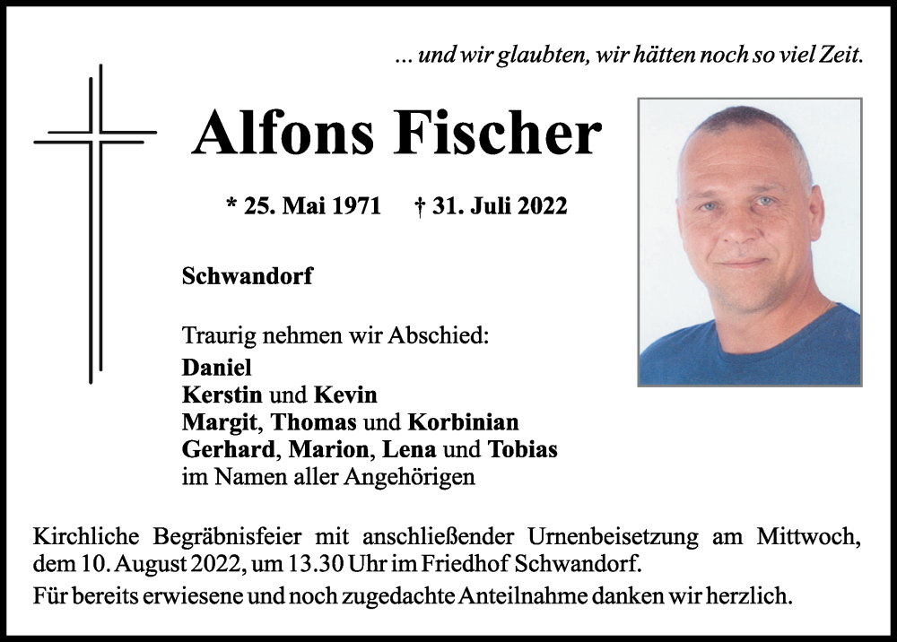  Traueranzeige für Alfons Fischer vom 06.08.2022 aus Mittelbayerische Zeitung Schwandorf
