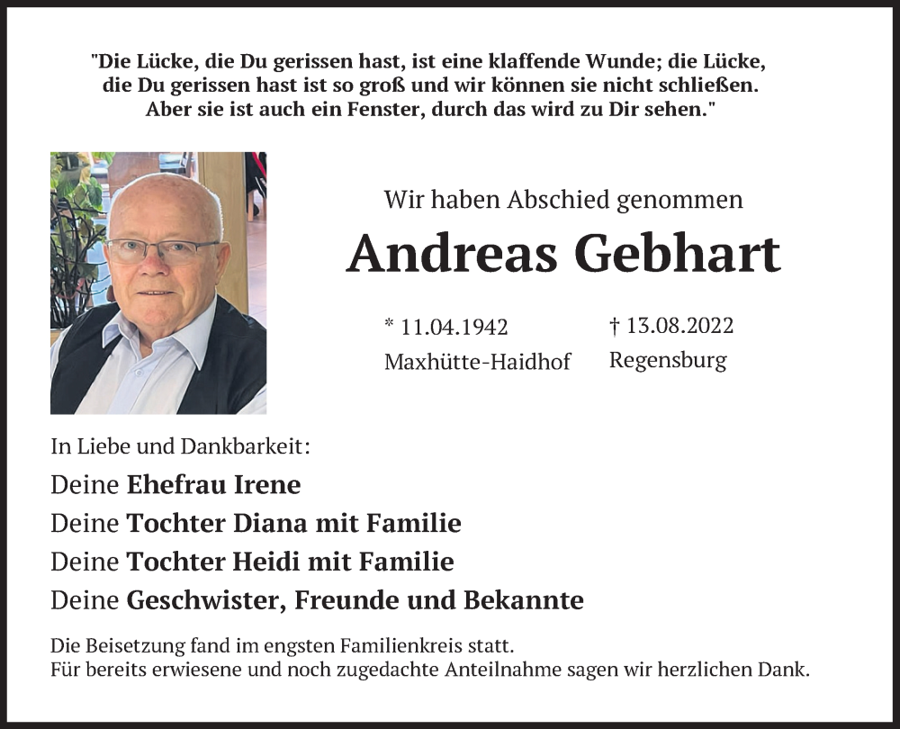  Traueranzeige für Andreas Gebhart vom 24.08.2022 aus Mittelbayerische Zeitung Schwandorf
