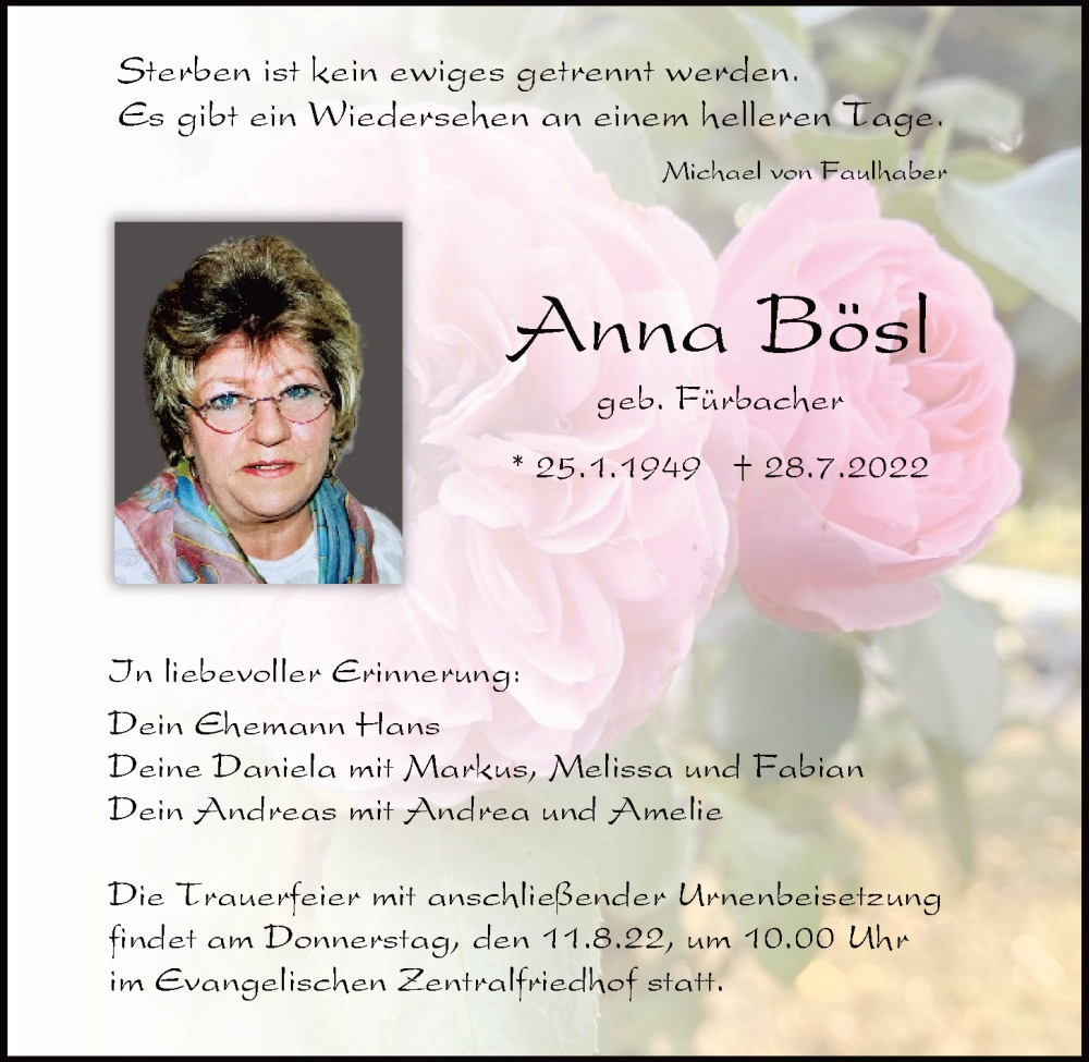  Traueranzeige für Anna Bösl vom 06.08.2022 aus Mittelbayerische Zeitung Regensburg