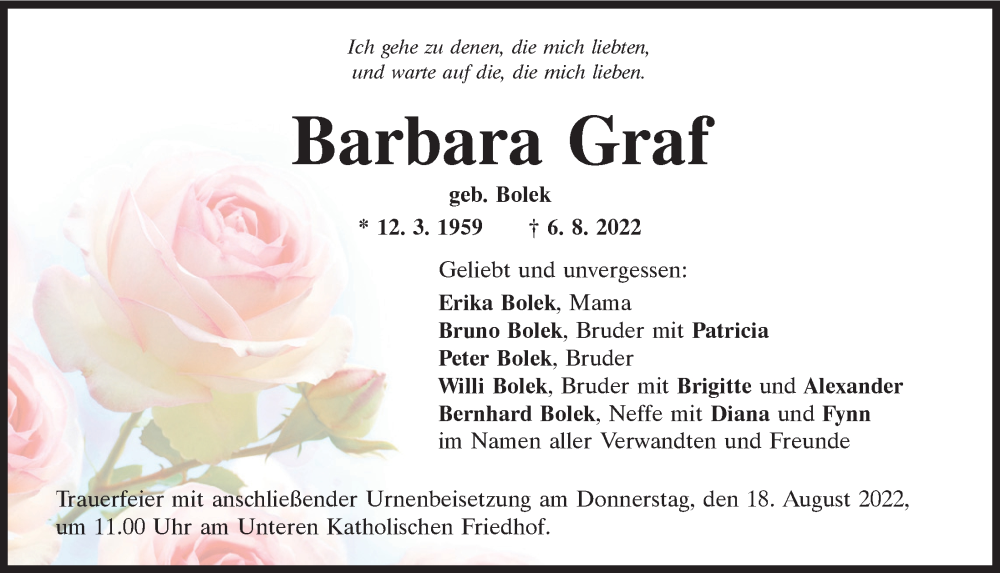  Traueranzeige für Barbara Graf vom 13.08.2022 aus Mittelbayerische Zeitung Regensburg