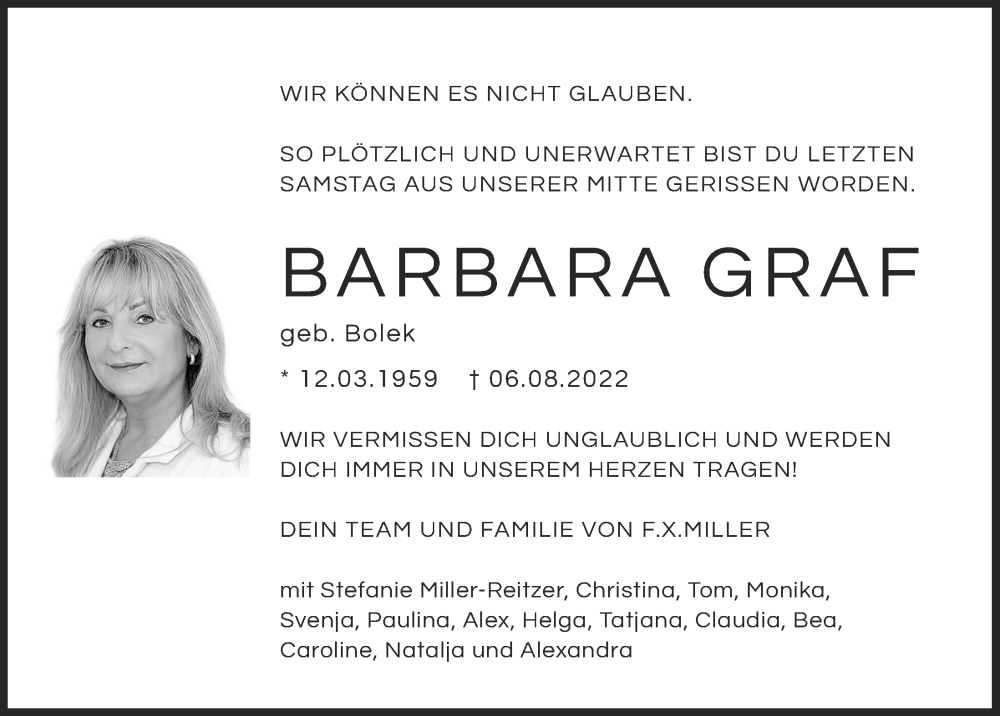  Traueranzeige für Barbara Graf vom 13.08.2022 aus Mittelbayerische Zeitung Regensburg