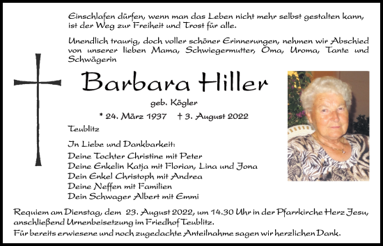 Traueranzeige von Barbara Hiller von Mittelbayerische Zeitung Schwandorf