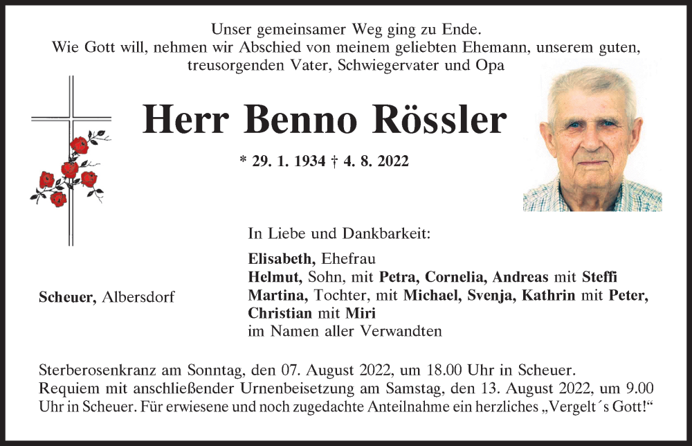  Traueranzeige für Benno Rössler vom 06.08.2022 aus Mittelbayerische Zeitung Regensburg