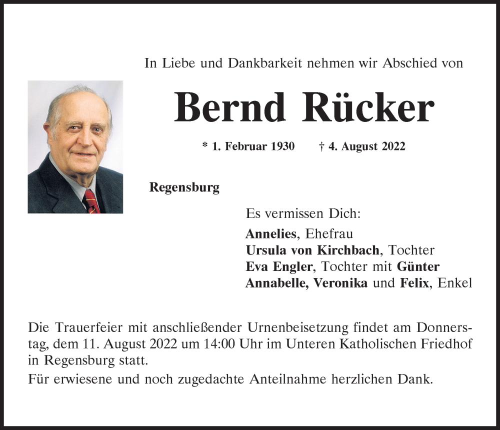  Traueranzeige für Bernd Rücker vom 06.08.2022 aus Mittelbayerische Zeitung Regensburg