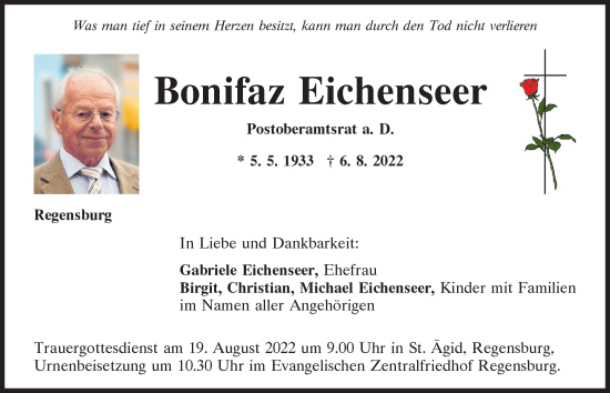 Traueranzeige von Bonifaz Eichenseer von Mittelbayerische Zeitung Regensburg
