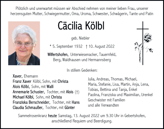 Traueranzeige von Cäcilia Kölbl von Neumarkter Tagblatt