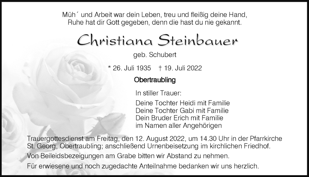  Traueranzeige für Christiana Steinbauer vom 06.08.2022 aus Mittelbayerische Zeitung Regensburg