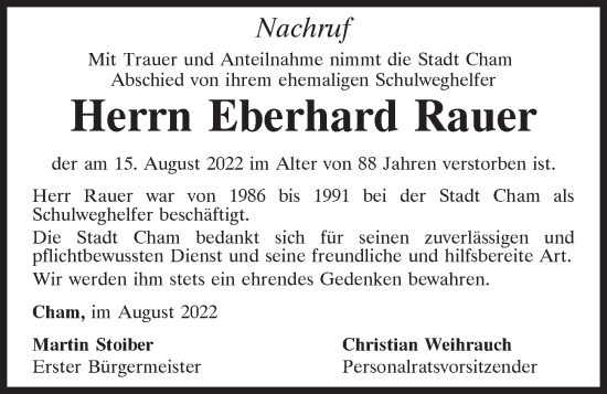 Traueranzeige von Eberhard Rauer von Bayerwald Echo