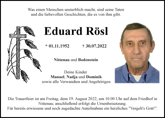 Traueranzeige von Eduard Rösl von Mittelbayerische Zeitung Regensburg