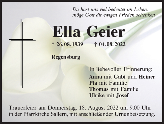 Traueranzeige von Ella Geier von Mittelbayerische Zeitung Regensburg