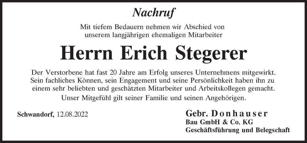  Traueranzeige für Erich Stegerer vom 12.08.2022 aus Mittelbayerische Zeitung Schwandorf